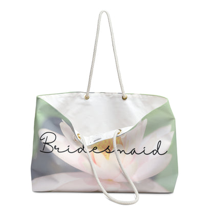 July Water Lily flower Bridesmaid Weekender Bag with a meaningful quote