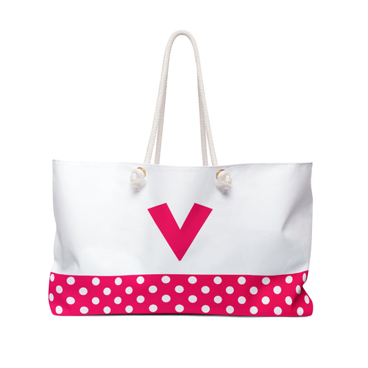 Pink and white Dots for women with pink letter V Weekender Bag