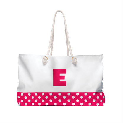 Pink and white Dots tote bag for women with pink letter E Weekender Bag