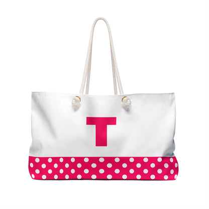 Pink and white Dots for women with pink letter T Weekender Bag