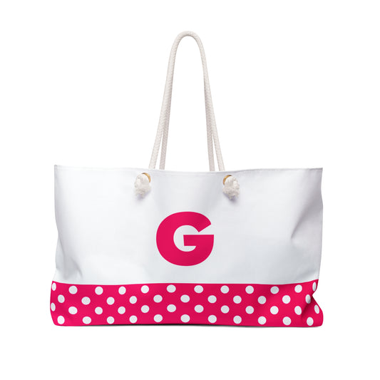 Pink and white Dots for women with pink letter G Weekender Bag