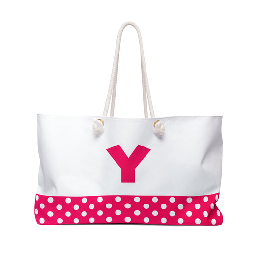 Pink and white Dots for women with pink letter Y Weekender Bag