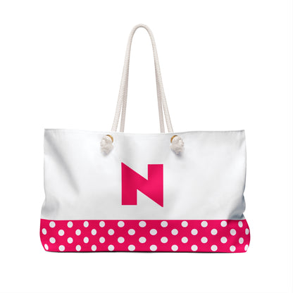 Pink and white Dots for women with pink letter N Weekender Bag