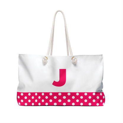 Pink and white Dots for women with pink letter J Weekender Bag