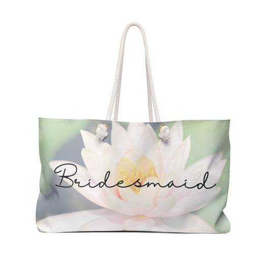 July Water Lily flower Bridesmaid Weekender Bag with a meaningful quote