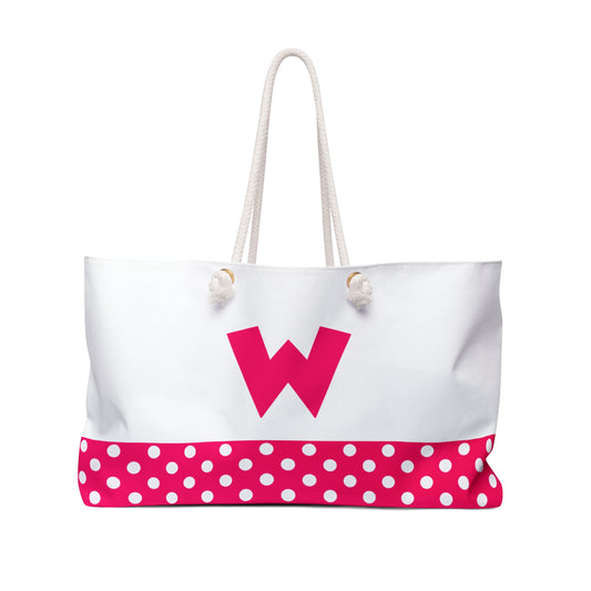 Pink and white Dots for women with pink letter W Weekender Bag